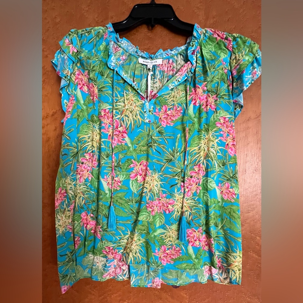 Rose & Olive Tropical Floral Blouse in Blue and Pink
